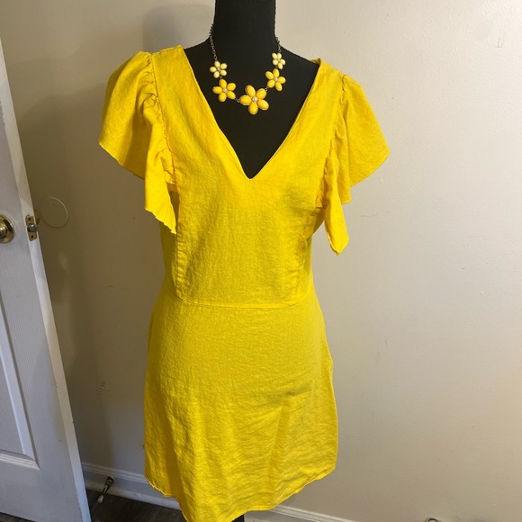 a new day Dresses & Skirts - A New Day Bright Yellow Linen Blend V-Neck Flutter Sleeve Dress